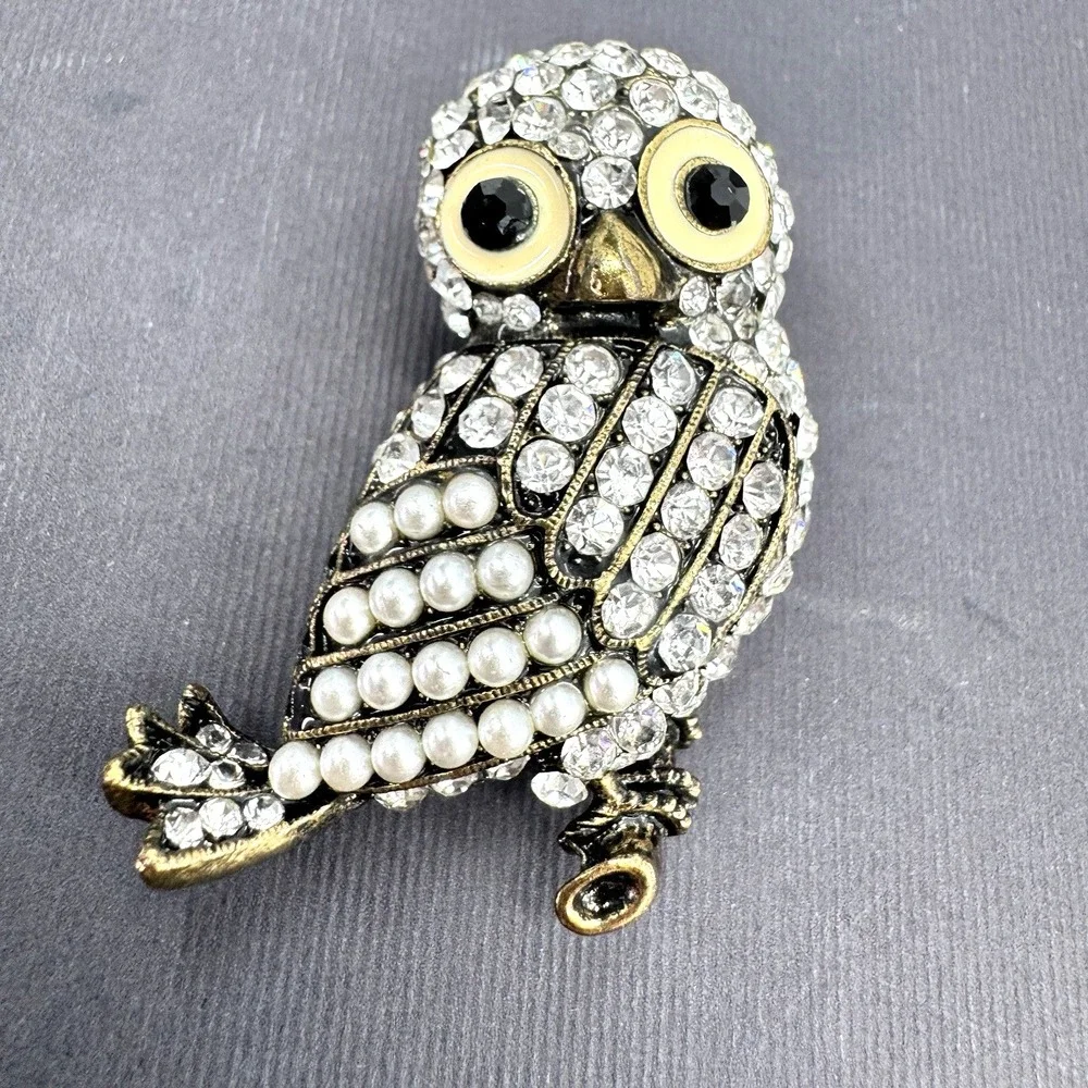 Sparkling Ice Rhinestone Faux Pearl Owl Pin Brooch